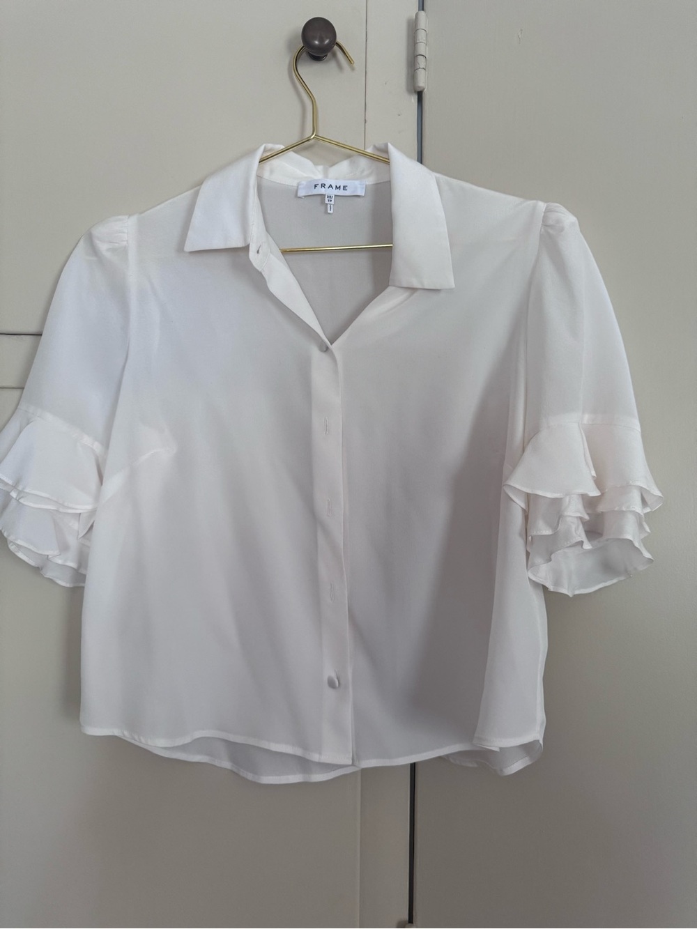 Frame SilkWhite Ruffle Sleeve Button-Down Blouse